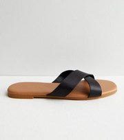 New Look Black Leather-Look Cross Strap Sliders